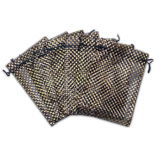 Black with Gold Polka Dot Organza Drawstring Pouch Gift Bags