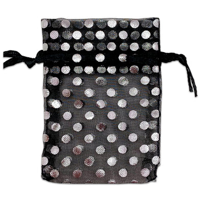 Black with Silver Polka Dot Organza Drawstring Pouch Gift Bags