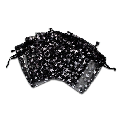 Black with Silver Star Organza Drawstring Pouch Gift Bags