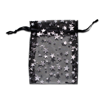 Black with Silver Star Organza Drawstring Pouch Gift Bags