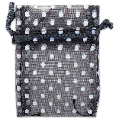 Black with White Polka Dot Organza Drawstring Pouch Gift Bags