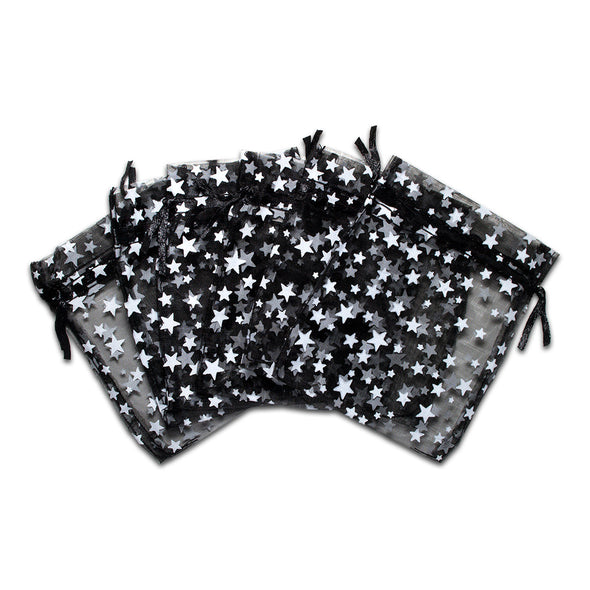 Black with White Star Organza Drawstring Pouch Gift Bags