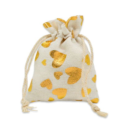 3" x 4" Cotton Muslin Gold Heart Drawstring Gift Bags