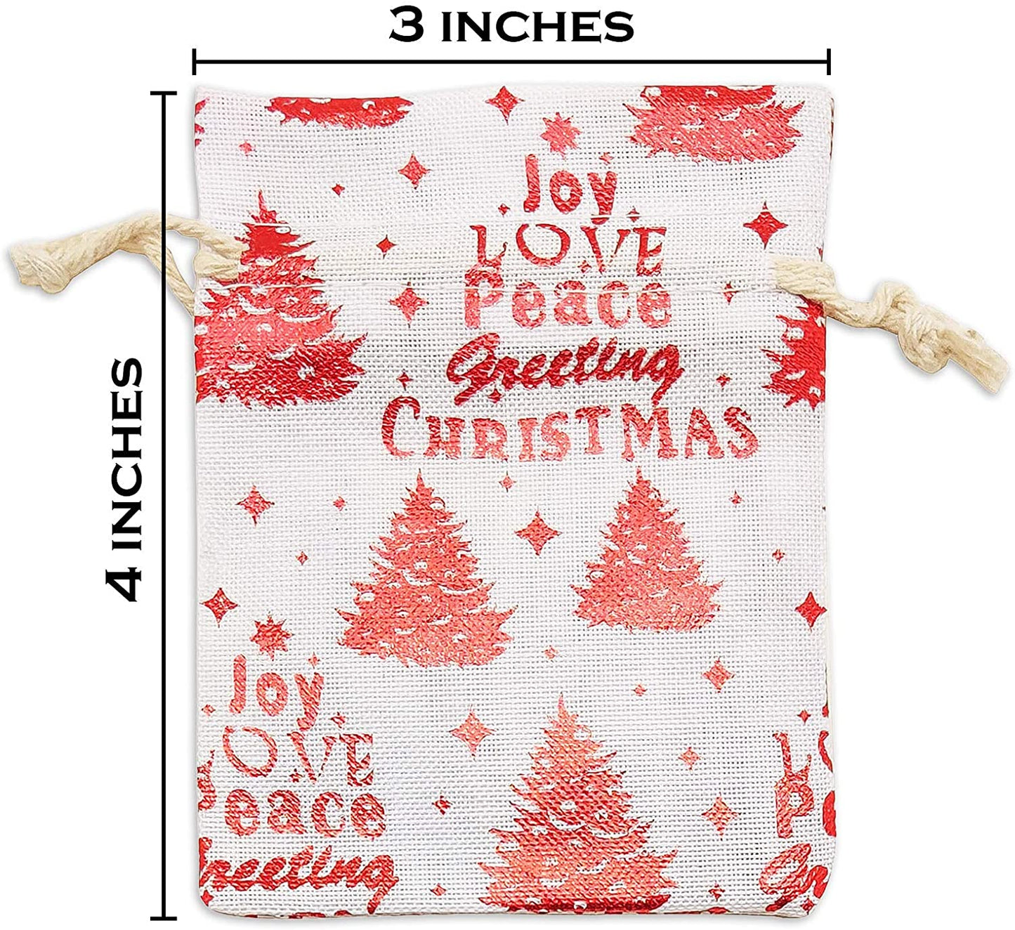 3" x 4" Cotton Muslin Red Christmas Tree Drawstring Gift Bags
