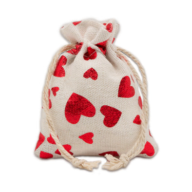 3" x 4" Cotton Muslin Red Heart Drawstring Gift Bags