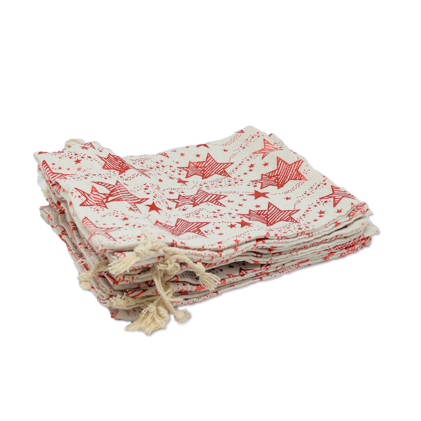 3" x 4" Cotton Muslin Red Star Drawstring Gift Bags