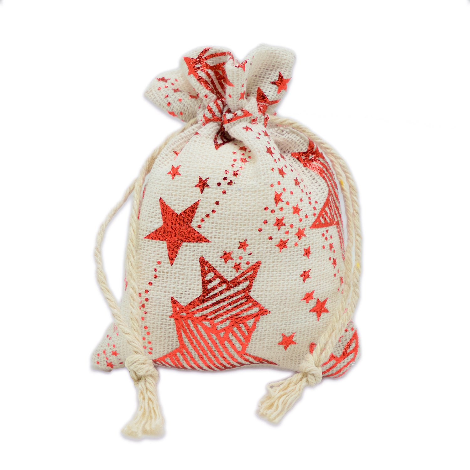 3" x 4" Cotton Muslin Red Star Drawstring Gift Bags