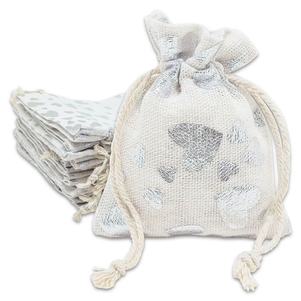 3" x 4" Cotton Muslin Silver Heart Drawstring Gift Bags