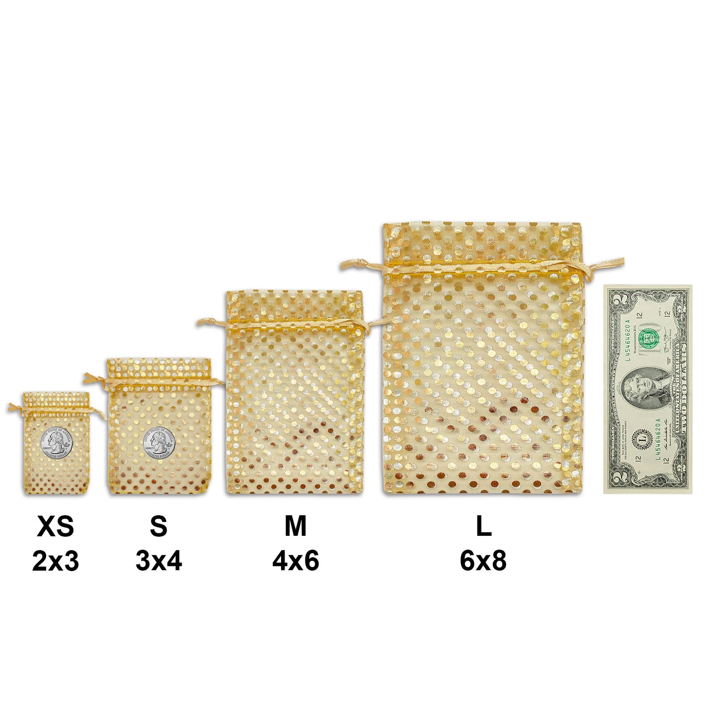 Gold with Gold Polka Dot Organza Drawstring Pouch Gift Bags
