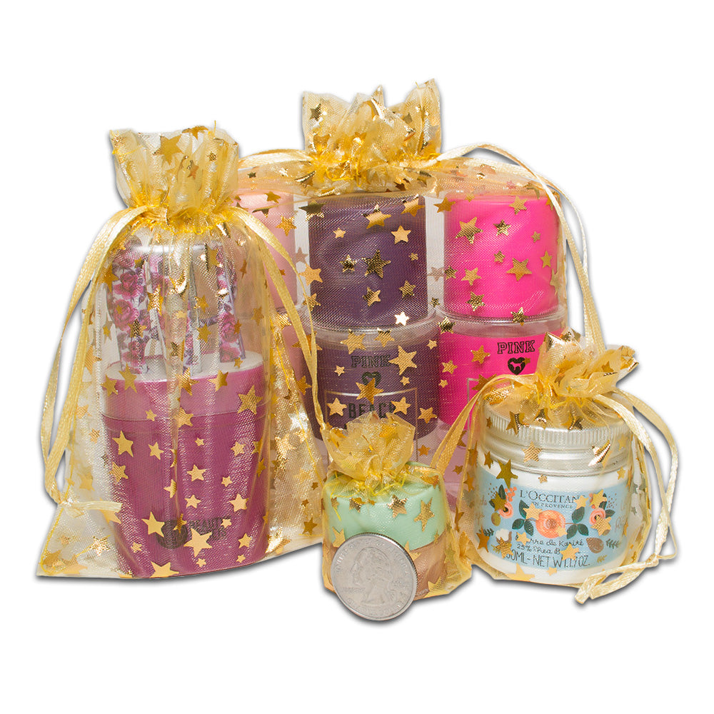 Gold with Gold Star Organza Drawstring Pouch Gift Bags
