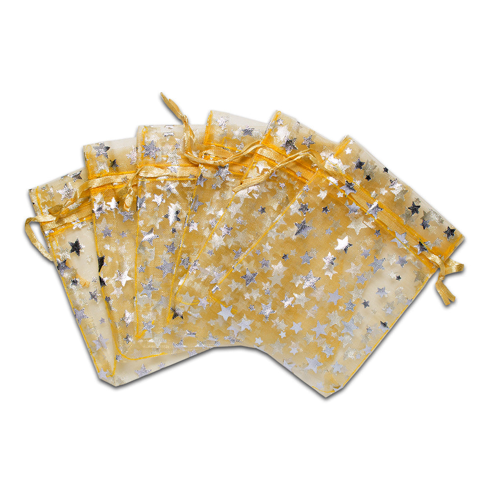 Gold with Silver Star Organza Drawstring Pouch Gift Bags