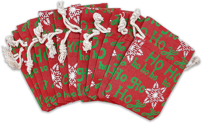 3" x 4" Jute Burlap Red Christmas Ho Ho Ho Drawstring Gift Bags