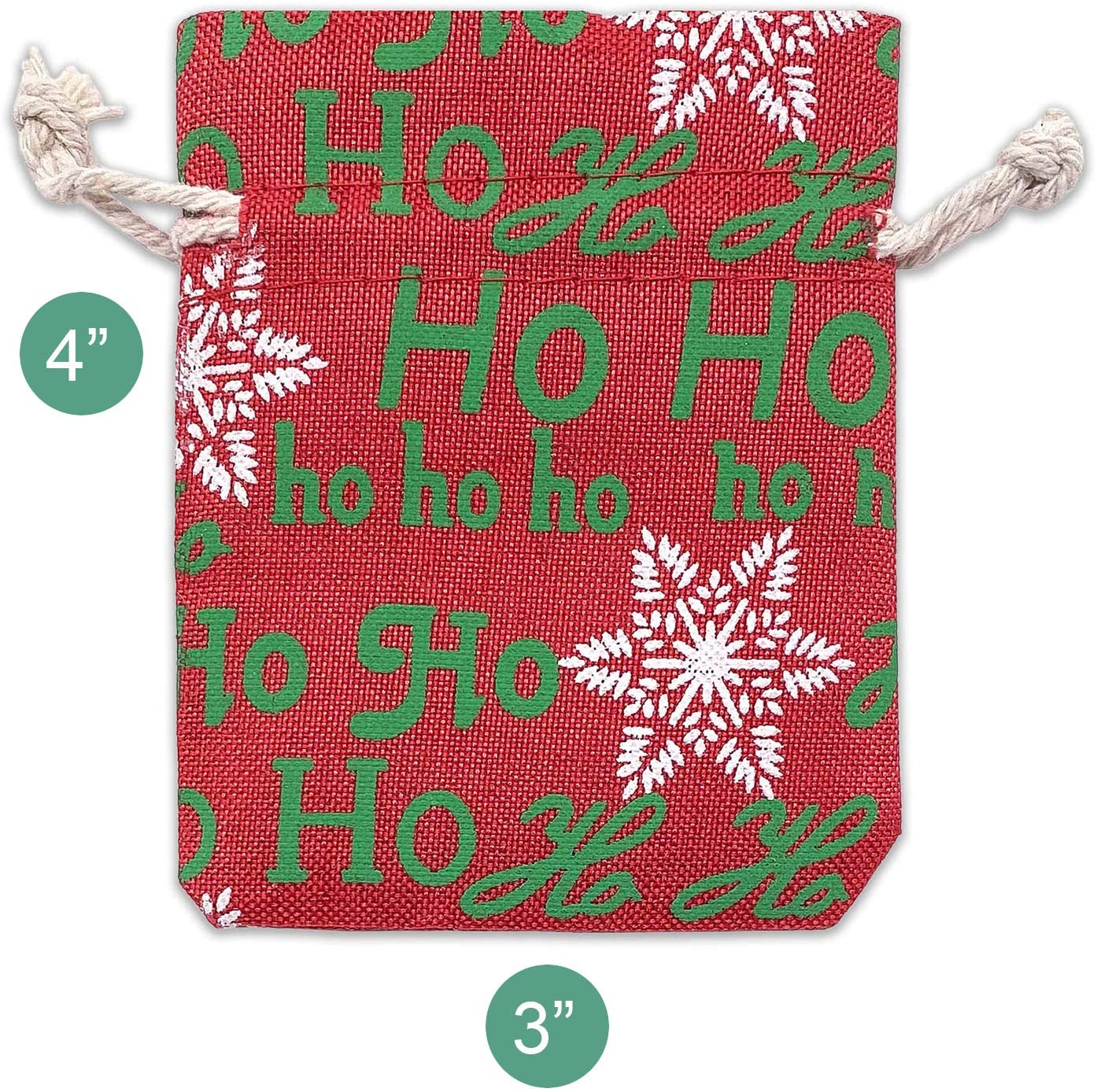 3" x 4" Jute Burlap Red Christmas Ho Ho Ho Drawstring Gift Bags