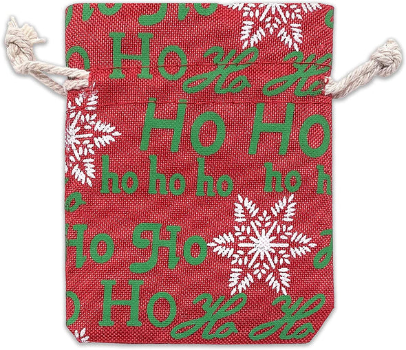 3" x 4" Jute Burlap Red Christmas Ho Ho Ho Drawstring Gift Bags
