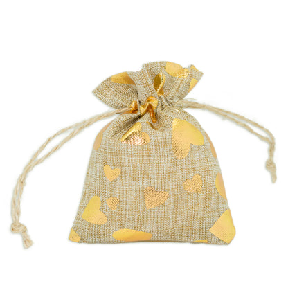 3" x 4" Jute Burlap Gold Heart Drawstring Gift Bags
