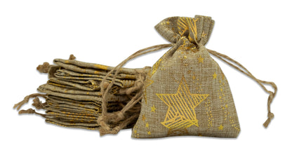 3" x 4" Jute Burlap Gold Star Drawstring Gift Bags