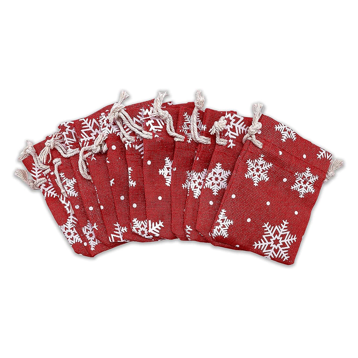 3" x 4" Jute Burlap Red Christmas White Snowflake Drawstring Gift Bags