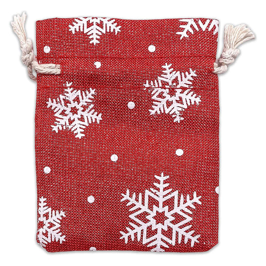 3" x 4" Jute Burlap Red Christmas White Snowflake Drawstring Gift Bags
