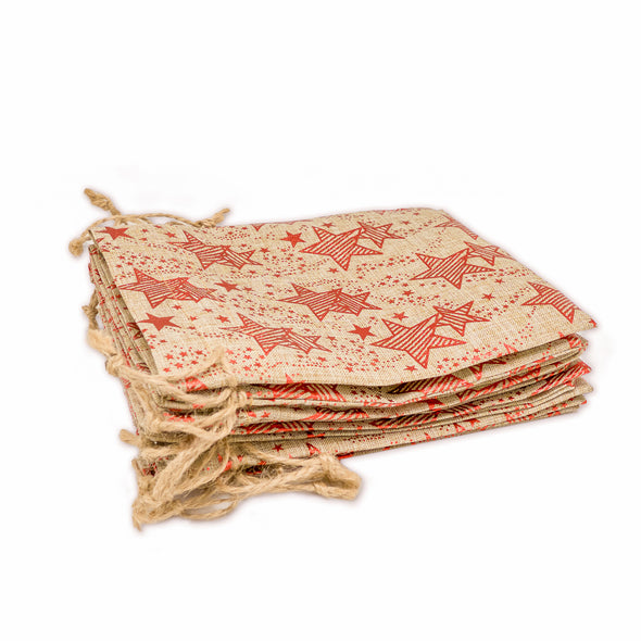3" x 4" Jute Burlap Red Star Drawstring Gift Bags