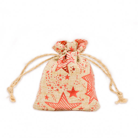3" x 4" Jute Burlap Red Star Drawstring Gift Bags