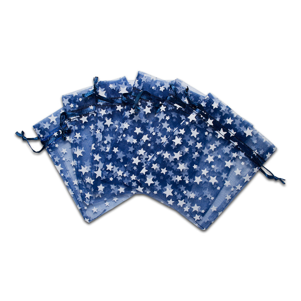 Navy with White Star Organza Drawstring Pouch Gift Bags