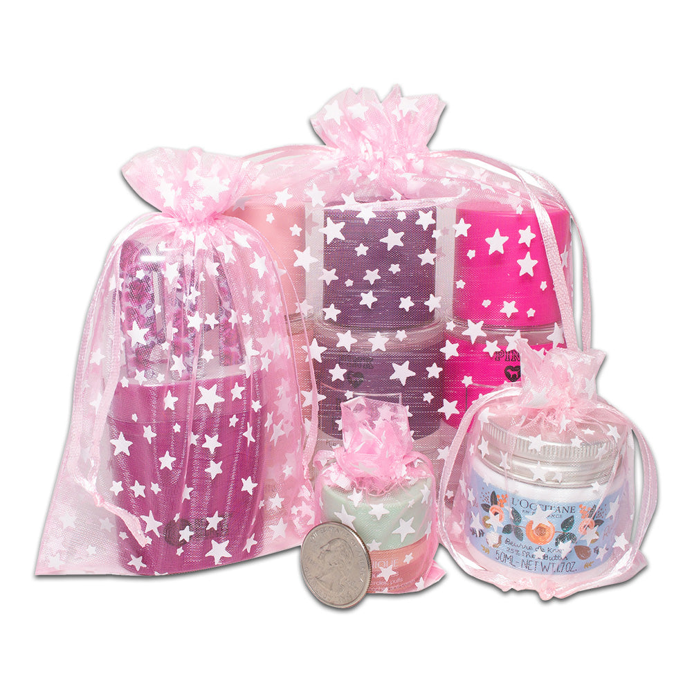 Pink with White Star Organza Drawstring Pouch Gift Bags