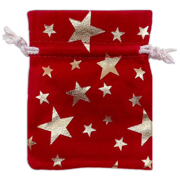 3" x 4" Red Velvet Gold Star Drawstring Gift Bags