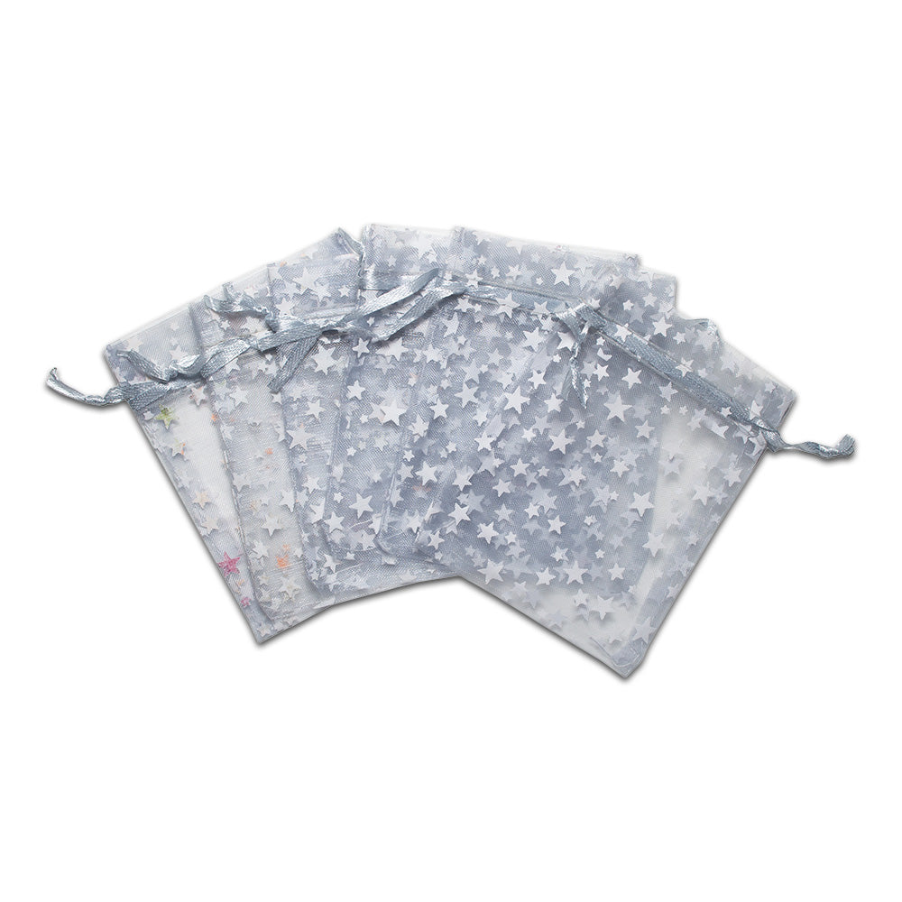 Silver with White Star Organza Drawstring Pouch Gift Bags