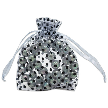 Silver with Black Polka Dot Organza Drawstring Pouch Gift Bags
