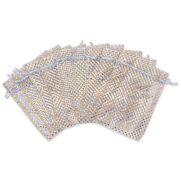Silver with Gold Polka Dot Organza Drawstring Pouch Gift Bags