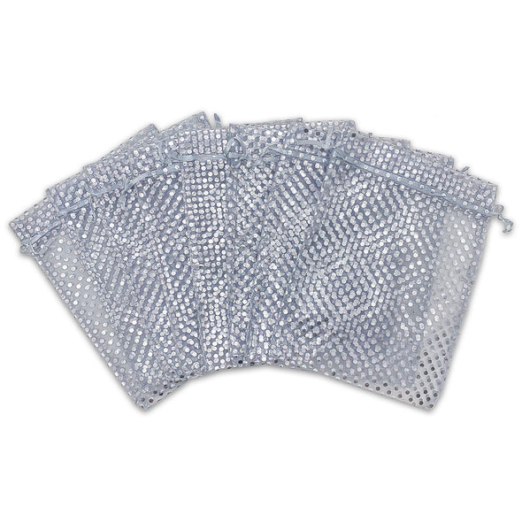 Silver with Silver Polka Dot Organza Drawstring Pouch Gift Bags