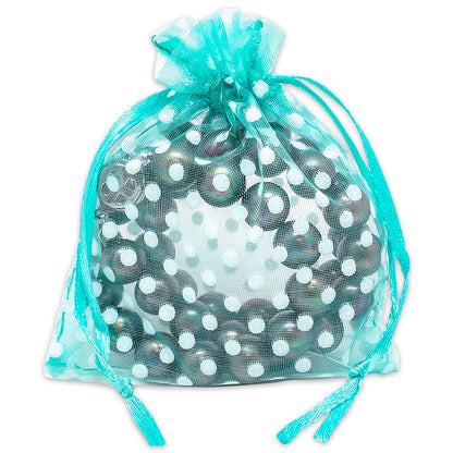 Teal with White Polka Dot Organza Drawstring Pouch Gift Bags