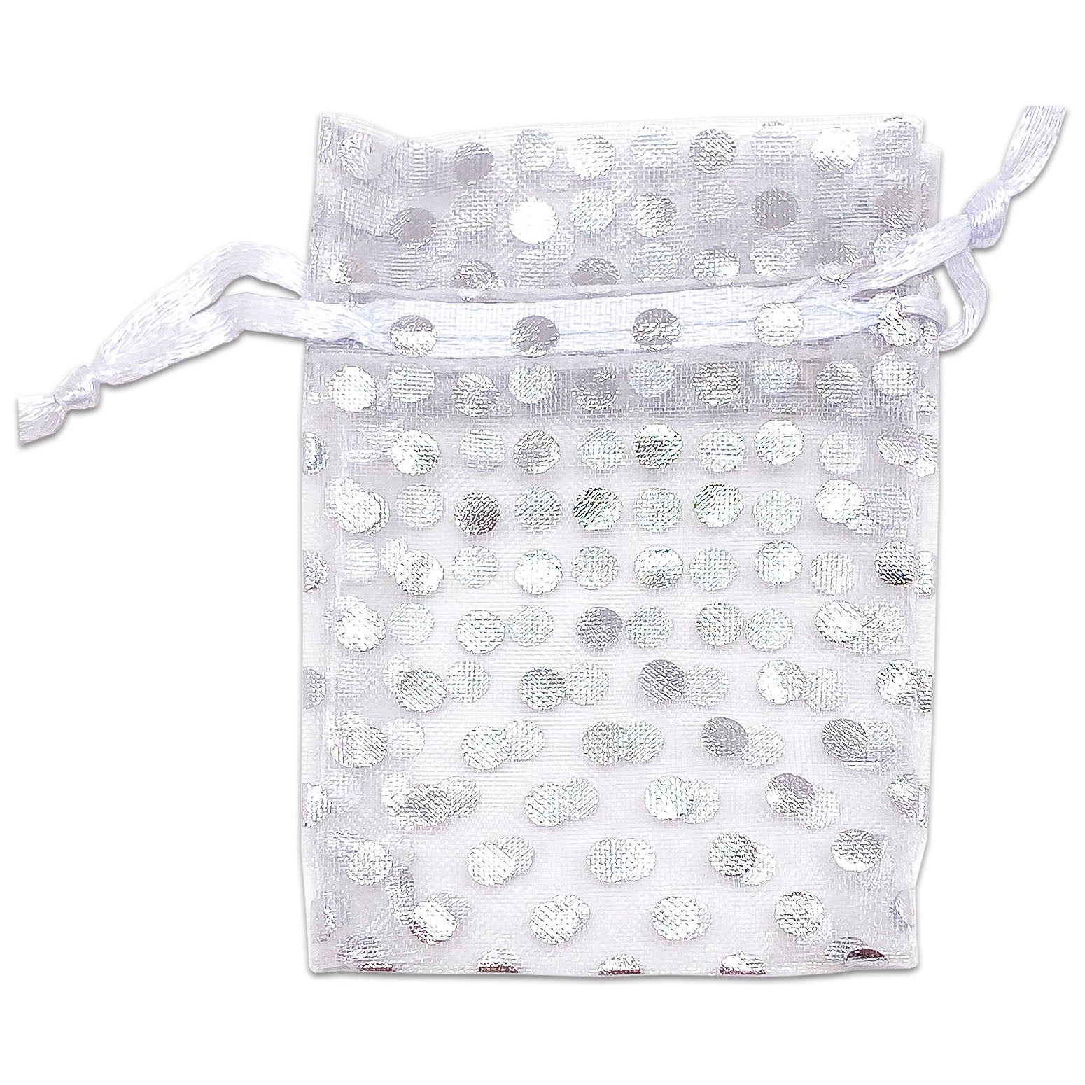 White with Silver Polka Dot Organza Drawstring Pouch Gift Bags
