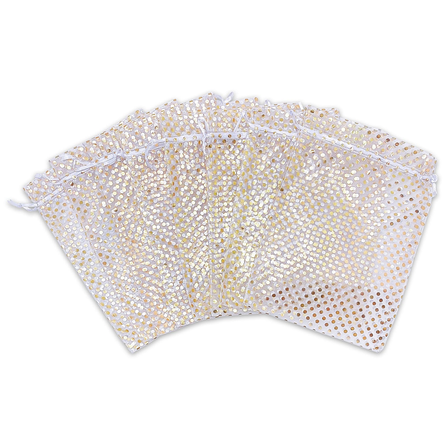 White with Gold Polka Dot Organza Drawstring Pouch Gift Bags