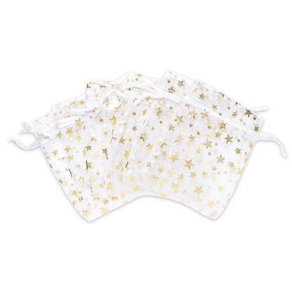 White with Gold Star Organza Drawstring Pouch Gift Bags