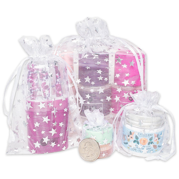 White with Silver Star Organza Drawstring Pouch Gift Bags