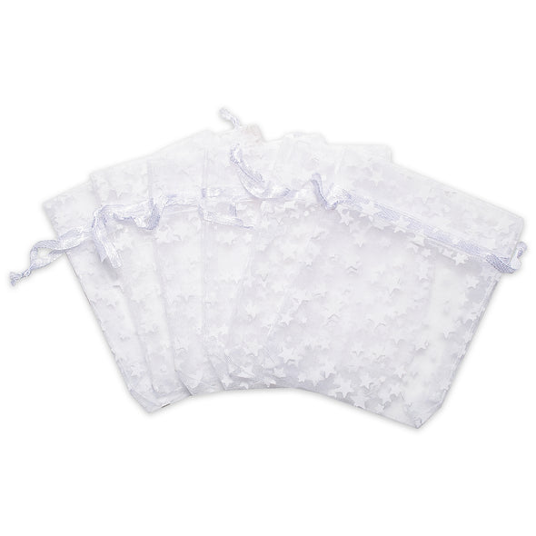 White with White Star Organza Drawstring Pouch Gift Bags