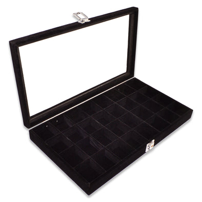 14 3/4" x 8 1/4" 32 Compartment Black Velvet Display Case w/ Glass Top and Key