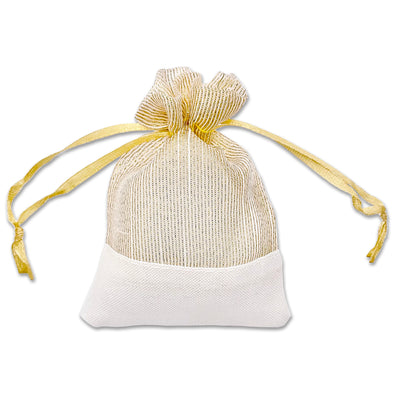 Gold Organza and White Linen Drawstring Pouch Gift Bags