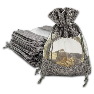 4" x 5" Linen Burlap and Sheer Organza Gray Gift Bag