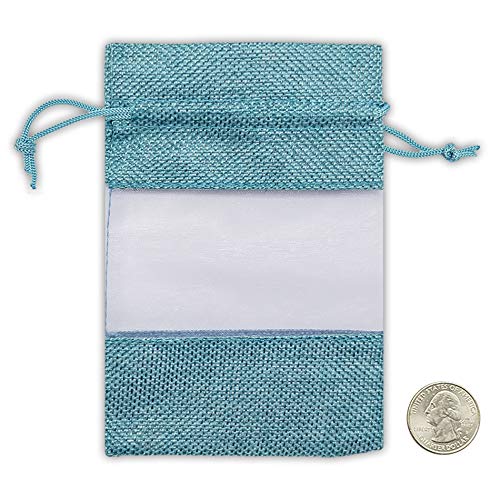 4" x 5" Linen Burlap and Sheer Organza Teal Blue Gift Bag
