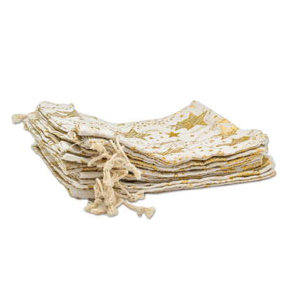 4" x 6" Cotton Muslin Gold Star Drawstring Gift Bags
