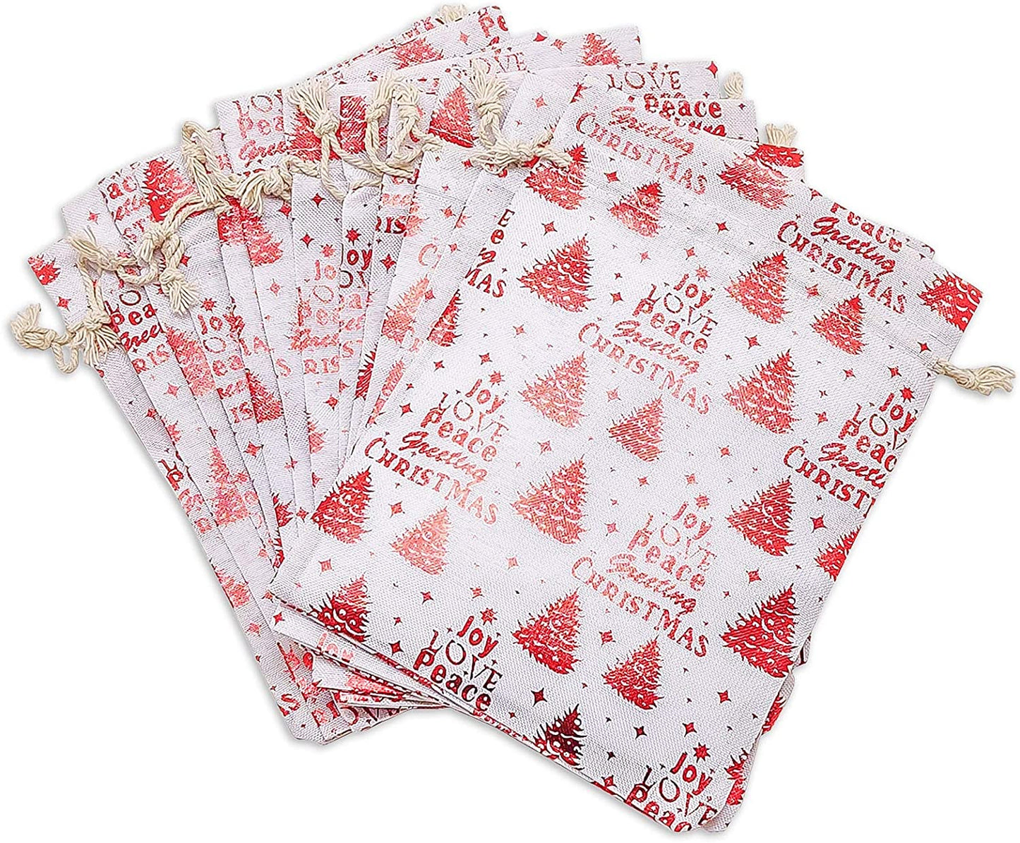 4" x 6" Cotton Muslin Red Christmas Tree Drawstring Gift Bags