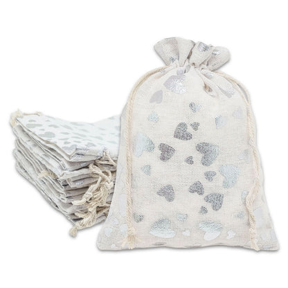 4" x 6" Cotton Muslin Silver Heart Drawstring Gift Bags