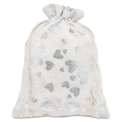 4" x 6" Cotton Muslin Silver Heart Drawstring Gift Bags