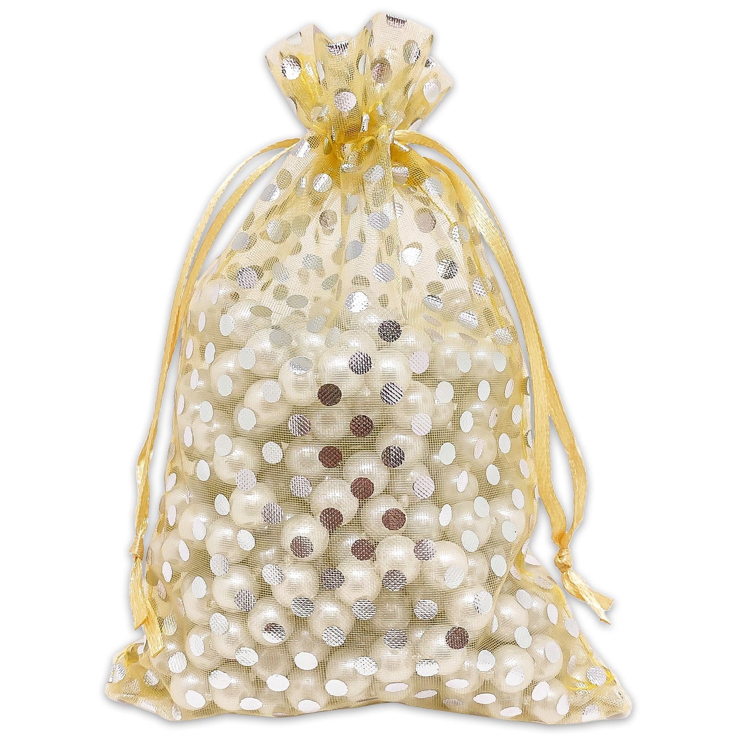Gold with Silver Polka Dot Organza Drawstring Pouch Gift Bags