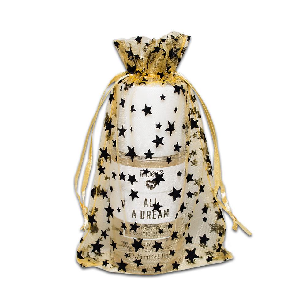 Gold with Black Star Organza Drawstring Pouch Gift Bags