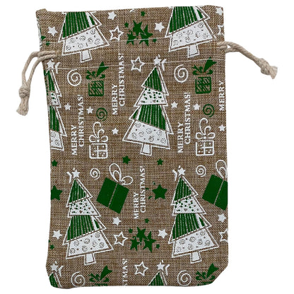 4" x 6" Jute Burlap Green Christmas Tree Drawstring Gift Bags