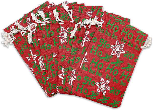 4" x 6" Jute Burlap Red Christmas Ho Ho Ho Drawstring Gift Bags