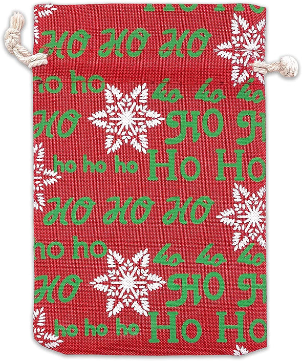 4" x 6" Jute Burlap Red Christmas Ho Ho Ho Drawstring Gift Bags